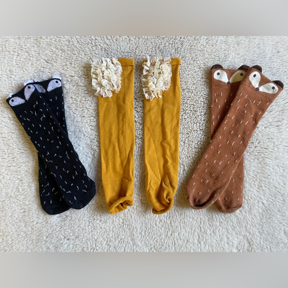Snugars | Mustard Lace Leg Warmers & Fox and Raccoon Knee Socks | 4-6 Y